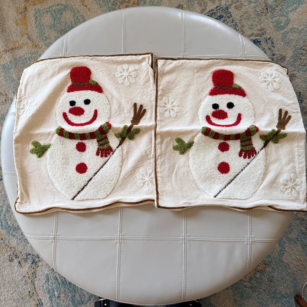 Snowman Pillow Covers Set of 2 Cream Red Green 16x16 Rustic Christmas Farmhouse